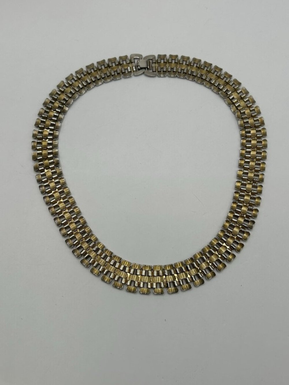 Vintage Two Tone Link Necklace Silver Gold Tone Chunky Statement 17” Bold Panel - Picture 10 of 11